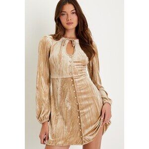 Lulus Refined Sensation Champagne Crushed Velvet Keyhole Mini Dress Gold